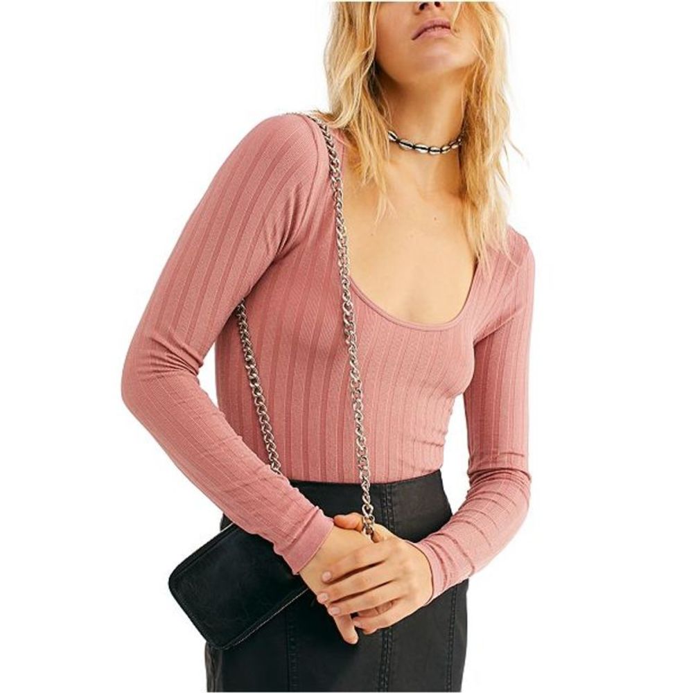 NWT Free People Lucky You Copper Pink Ribbed Knit Fitted Layering Top XS/S